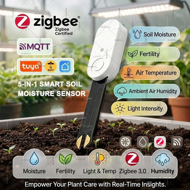 Forubest Zigbee Pflanzenboden-Sensor zur Messung von Bodenfeuchtigkeit, Lichtstärke, Fruchtbarkeit, Luftfeuchtigkeit und Temperatur in Weiß für Tuya Home Assistant Z2M - Bild 1