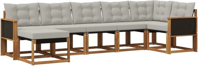 vidaXL Outdoor-Sofagarnitur L-Form aus Akazienholz mit Textilene und Kissen, 7-teiliges Set in Natur und Hellgrau - Bild 1