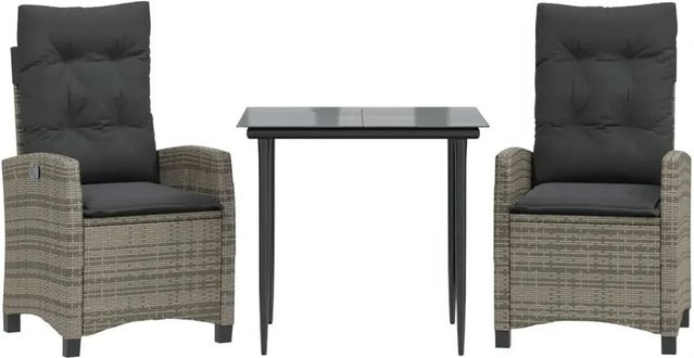 vidaXL 3-teilige Garten-Essgruppe aus Poly-Rattan mit Kissen in Grau und Tisch mit gehärtetem Glas - Bild 1