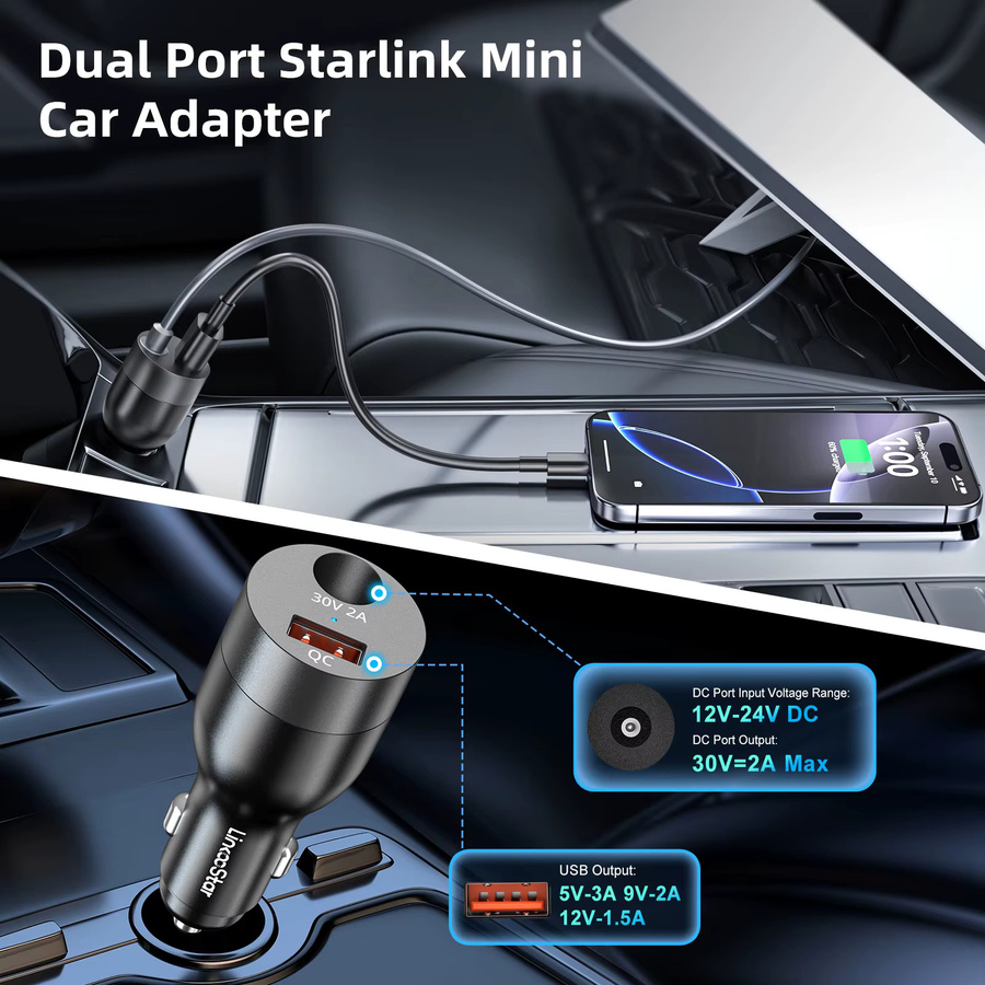 FONKEN 2-in-1 USB-Adapter für Starlink Mini, Autoladegerät für Zigarettenanzünder und Gleichstrom, Spannungserhöhungskabel 30V 2A, Schwarz - Bild 4