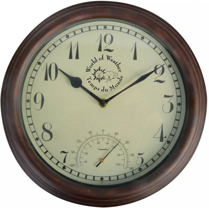 Esschert Design Bahnhofsuhr mit Thermometer, rund, Durchmesser: 30,5 cm, in Braun, Creme, Schwarz oder Beige - Bild 1