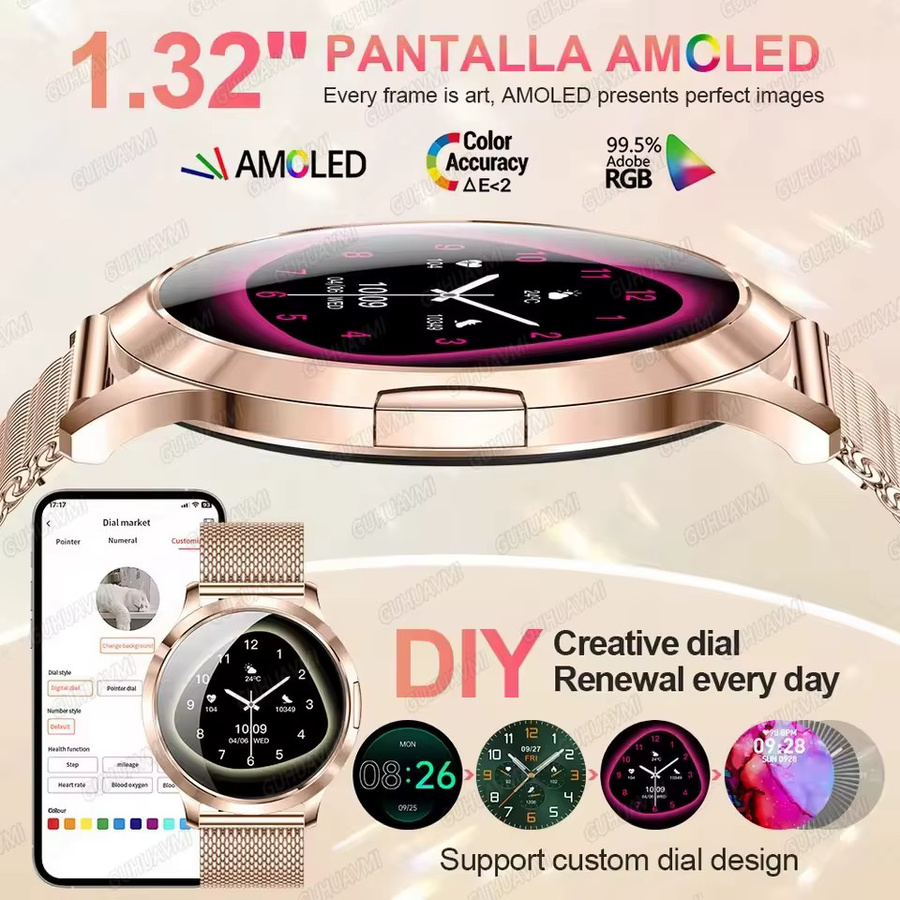 GUHUAVMI Smartwatch, Damen, Schwarz, Roségold, Edelstahl, Rund - Bild 3
