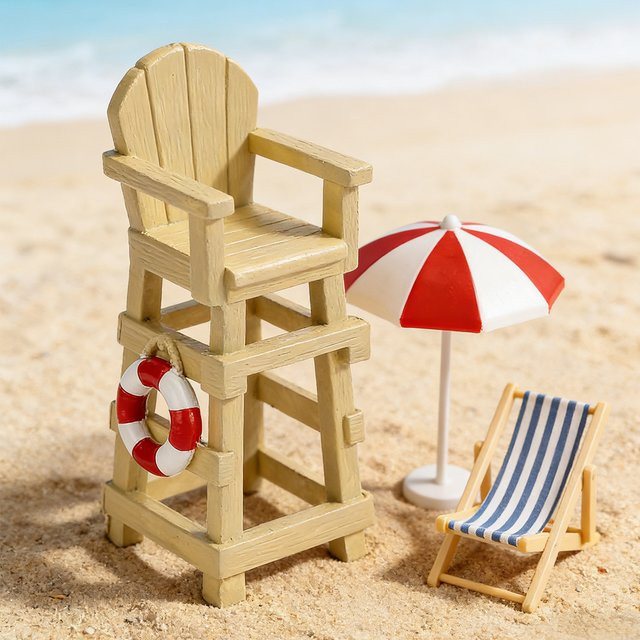 GUGUGUHOME Mini Strand-Rettungsschwimmer-Stuhl-Modell mit Sonnenschirm als maritime DIY Mikro-Landschaftsszene Deko aus Kunststoff für dein Schreibtisch-Ornament - Bild 1