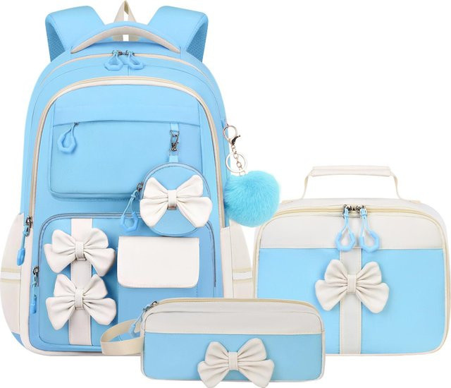 OKKID 3er Set Schulrucksack für Mädchen in Blau mit Brotdose und Federmäppchen aus Nylon - Bild 1