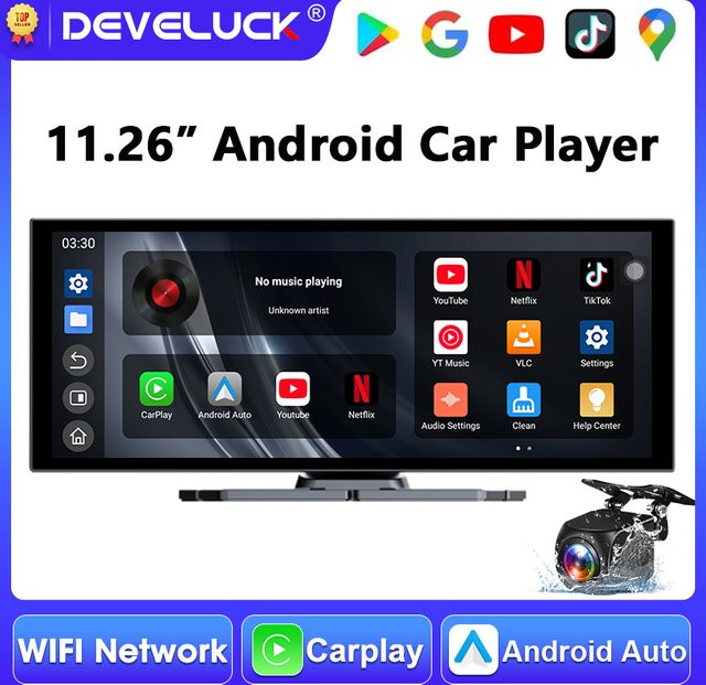 Develuck Tragbares Android Autoradio mit 11,26 Zoll Display, Multimedia-Videoplayer mit Bluetooth, Wi-Fi, Wireless CarPlay und Android Auto, Farbe: Schwarz - Bild 1
