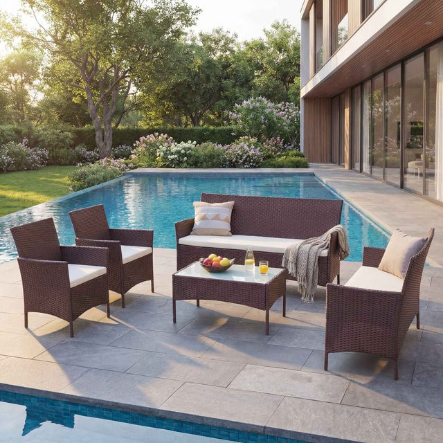 MCW Poly-Rattan Garten-Garnitur Hamar Lounge-Set in Braun-meliert mit beigen Sitzkissen - Bild 1