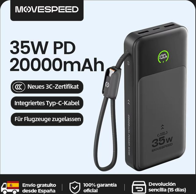 MOVESPEED P20 Power Bank 20000 mAh mit 35 W PD Schnellladefunktion und LFP-Akku, Schwarz - Bild 1
