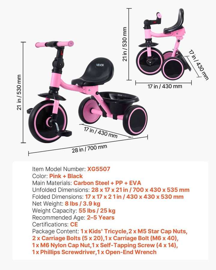 Faltbares Kleinkind-Dreirad von Buying Solutions, MB für 2-5-Jährige mit verstellbarem Sitz und Stauraum, Kohlenstoffstahl-Rahmen, Pink + Black - Bild 5