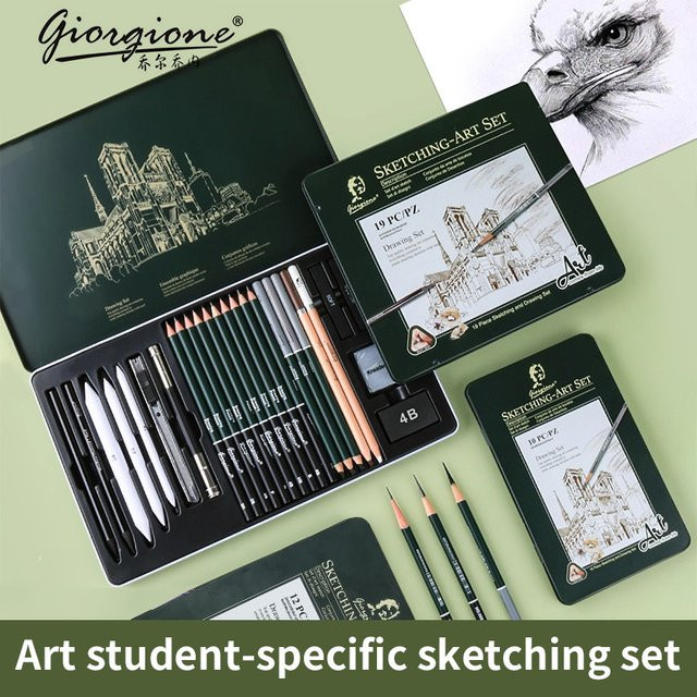GOIRGIONE Pro Skizzen-Set mit Graphit- und Kohlestiften in einer grünen Eisenbox für Künstler und Studenten - Bild 1