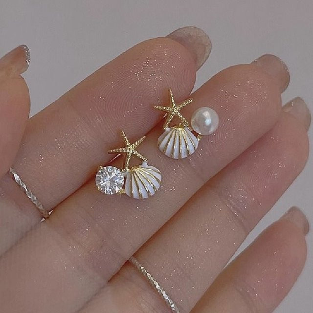 rinhoo Ohrringe, Seestern, Shell, Perle, Zirkonia, Damen, Gold - Bild 1