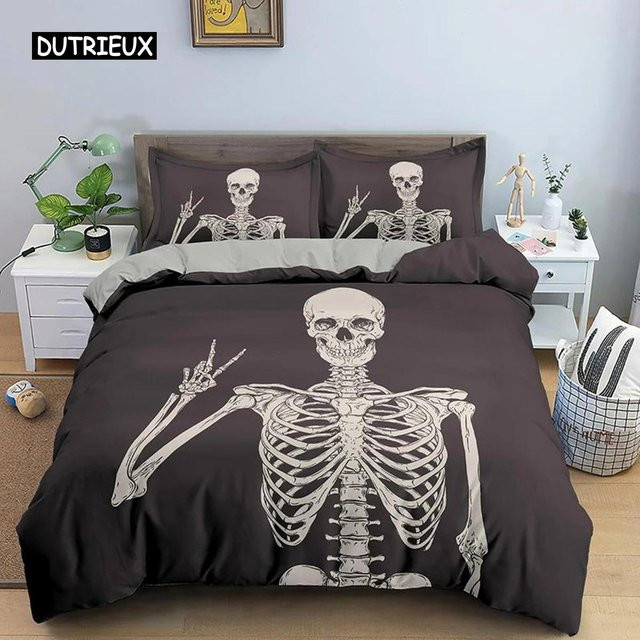 Skelett Bettwäsche Set aus Mikrofaser in Schwarz, 3-teiliges Bettbezug Set für Einzelbetten, B/H: 135 x 200 cm - Bild 1