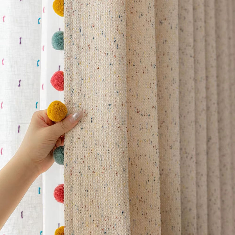 AiFish Halbverdunkelungsvorhänge im Boho-Stil mit Bommelbesatz, beige, Kindervorhänge für das Mädchenzimmer - Bild 2