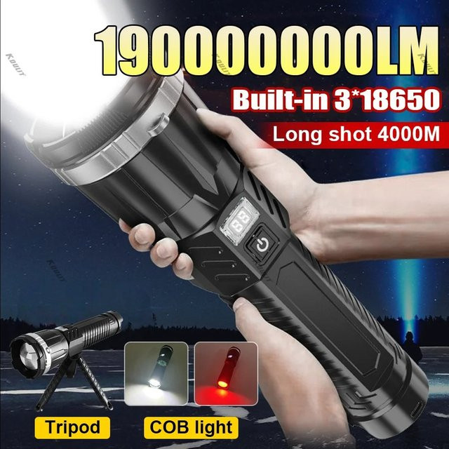 Heinast Super Leistungsstarke LED Taschenlampe mit COB Laterne und 3*18650 Akku, Schwarz, Aluminium - Bild 1