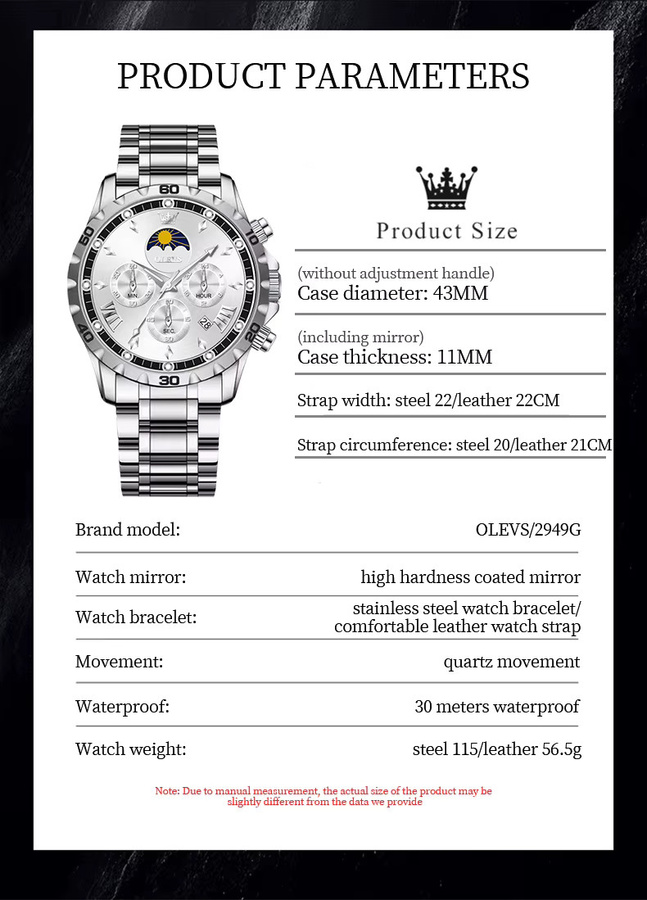 OLEVS Armbanduhr Chronograph, Quarz, Edelstahl, Schwarz, Herren - Bild 6