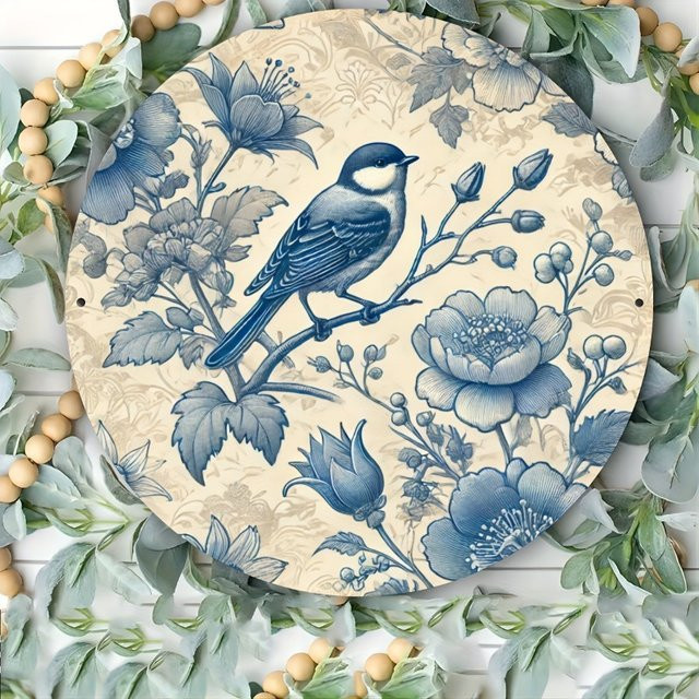 Rundes Metallschild von Potdemiel im Vintage-Stil mit blauem Blumenvogel-Design zur Wanddekoration - Bild 1
