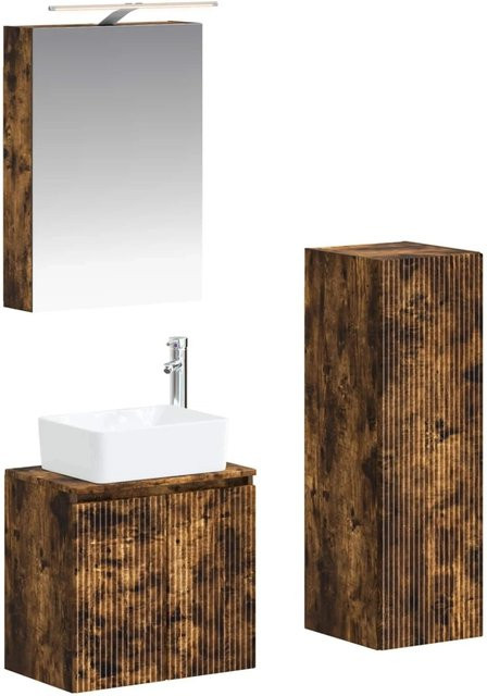 vidaXL Badezimmermöbel-Set 4-teilig in Geräucherte Eiche, modern mit Spiegelschrank, Waschtischunterschrank und Wandschrank, braun matt mit LED-Beleuchtung und Glastüren - Bild 1