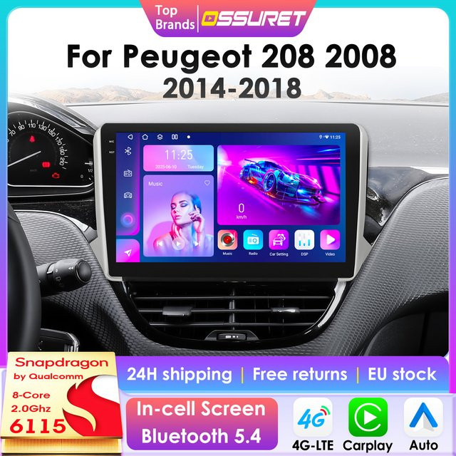 OSSURET Android 14 Autoradio für Peugeot 208 und 2008 (2014 - 2018) mit 10,1 Zoll Display, Qualcomm 6115, kabelloses CarPlay, Android Auto, 4G, Bluetooth, GPS und DSP in Schwarz - Bild 1