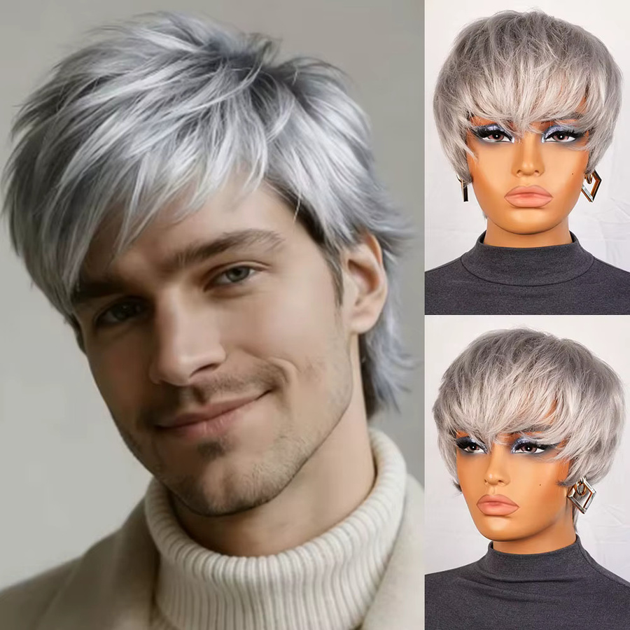 OYM HAIR Herren-Kurzhaarperücke, silbergrau, Pixie-Schnitt, Echthaar - Bild 3