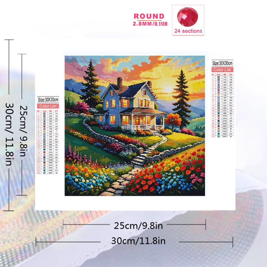 Momoart Diamant-Mosaik Hauslandschaft mit Turm und Baummuster, Strass-Gemälde für Erwachsene und Anfänger, Multicolour - Bild 2