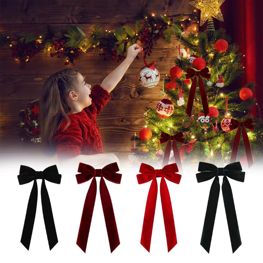 10er Set Samt Schleifen als Weihnachtsbaum Dekoration und Geschenkverpackung in Burgund Rot, Grün und Schwarz - Bild 2