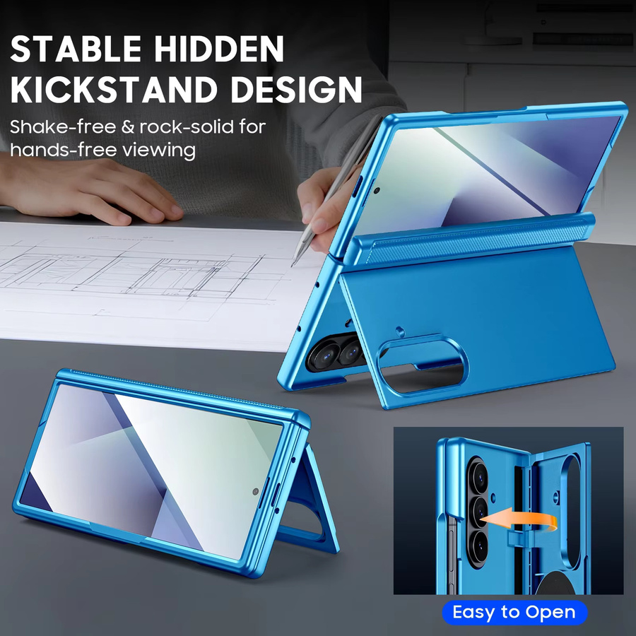 Magnetische Hülle für Samsung Galaxy Z Fold 7 mit integriertem 9H Glas-Displayschutz, Scharnierschutz und verstecktem Ständer in Hellblau - Bild 4