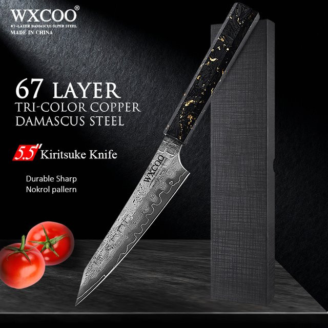 WXCOO Kiritsuke-Kochmesser aus Edelstahl mit Kohlefasergriff, 14,2 cm, Silber - Bild 1