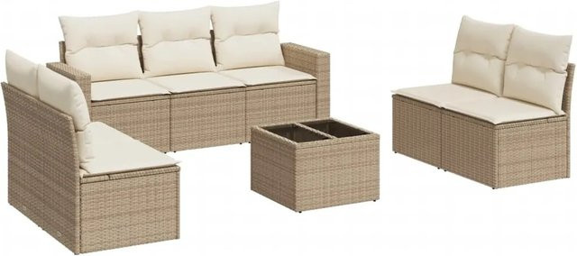vidaXL 8-teilige Garten-Sofagarnitur in L-Form aus Poly-Rattan mit Kissen in Beige-Creme - Bild 1