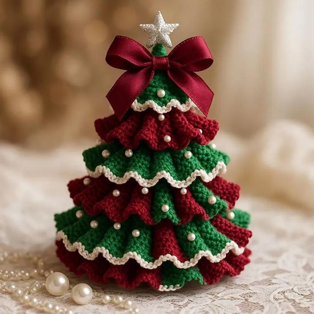 HOCOSHINE DIY Weihnachtsbaum-Set zum Häkeln mit Schleife und Kunstperlen-Dekor in Rot, Grün und Multicolour - Bild 1