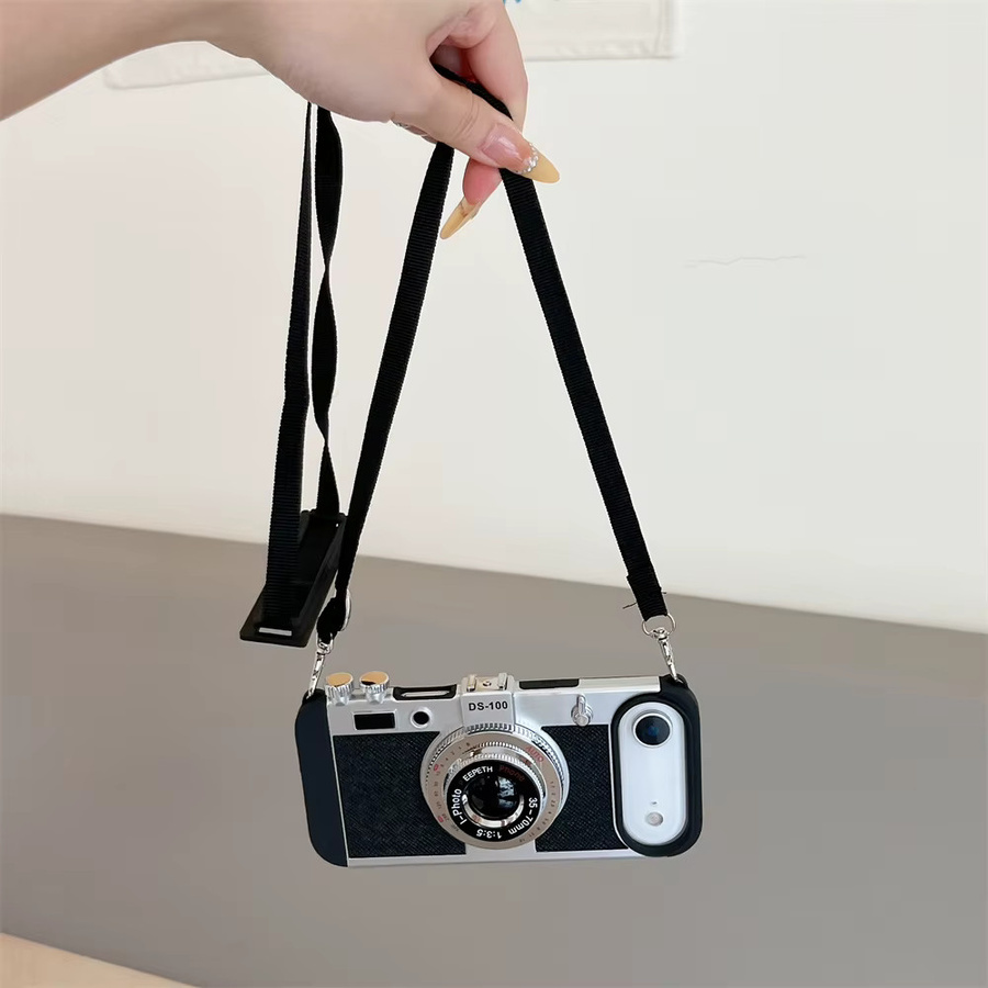 szHAIyu 3D Retro Kamera Handyhülle mit Crossbody Lanyard für iPhone, Farbe: Schwarz - Bild 5