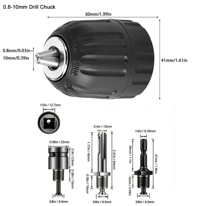 LIXIU Schnellspannbohrfutter Adapter Set mit 10 mm und 13 mm Aufnahme, 1/2 Zoll und 3/8 Zoll Sechskantschaft, SDS-Plus und quadratischem Griff für Bohrer, Schraubendreher und Steckdosenschlüssel - Bild 2