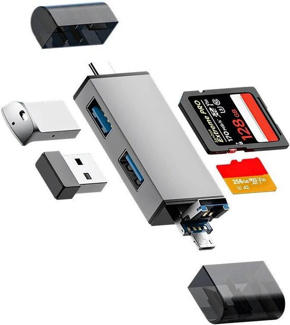 Meiteai-Tech 7-in-1 USB-C Kartenleser und OTG-Adapter mit USB-Flash-Laufwerk und Smartcard-Leser in Grau - Bild 1
