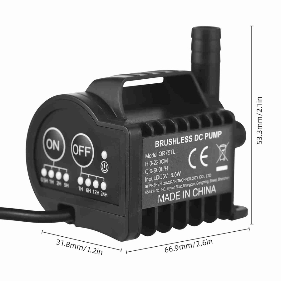 Mini 5V Wasserpumpe QR75TL von mfySpace in Schwarz mit 4 Gängen, Timing-, Beschleunigungs- und Verzögerungsfunktion, max. 600L/h Durchfluss und 2m Förderhöhe - Bild 2