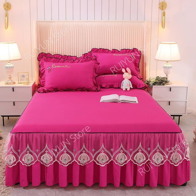 Super Six Bettrock mit Spitze und Rüschen in Pink, B/T: 150 x 200 cm - Bild 1