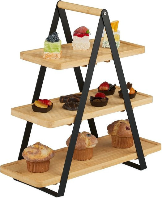 Relaxdays Etagere aus Bambus und Metall in Schwarz, 3 Ebenen, B/T/H: 42 x 41 x 16,5 cm - Bild 1