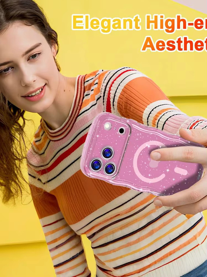 Xeber Bling-Glitzer-Magnethülle für iPhone 17, 16, 15 Pro Max Plus, stoßfest und weich, Farbe: Transparent/Pink - Bild 7