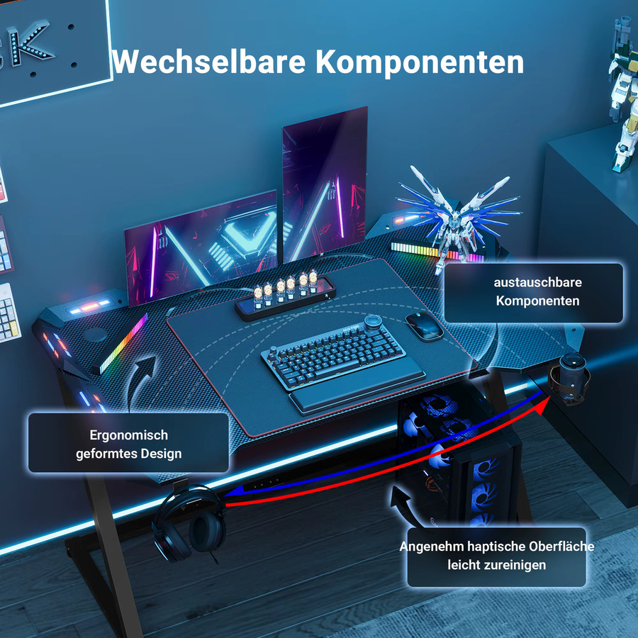 Claiks Gaming-Schreibtisch mit LED-Beleuchtung und Getränkehalter in Schwarz Matt, Z-Frame Design - Bild 2