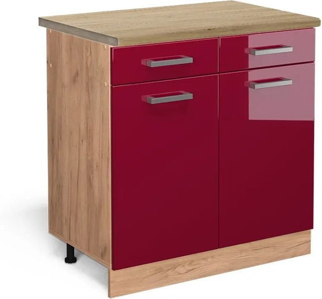 Vicco Küchenunterschrank R-Line Bordeaux Hochglanz in Rot und Goldkraft Eiche, B/T/H: 80 x 60 x 76,6 cm - Bild 1
