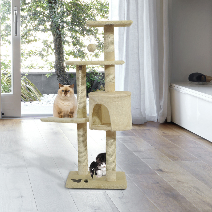 PawHut Katzenbaum Beige mit Höhle und Spielbällen, Kratzbaum mit Sisalsäulen, H x B x T: 112 x 40 x 75 cm - Bild 2