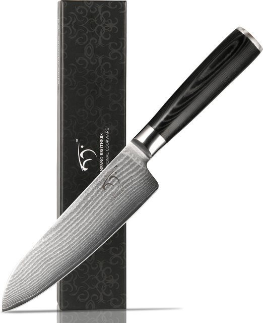 Katisun Santoku-Messer aus Damast und Hochkohlenstoffstahl mit Micarta-Griff, 17,78 cm, Silber - Bild 1