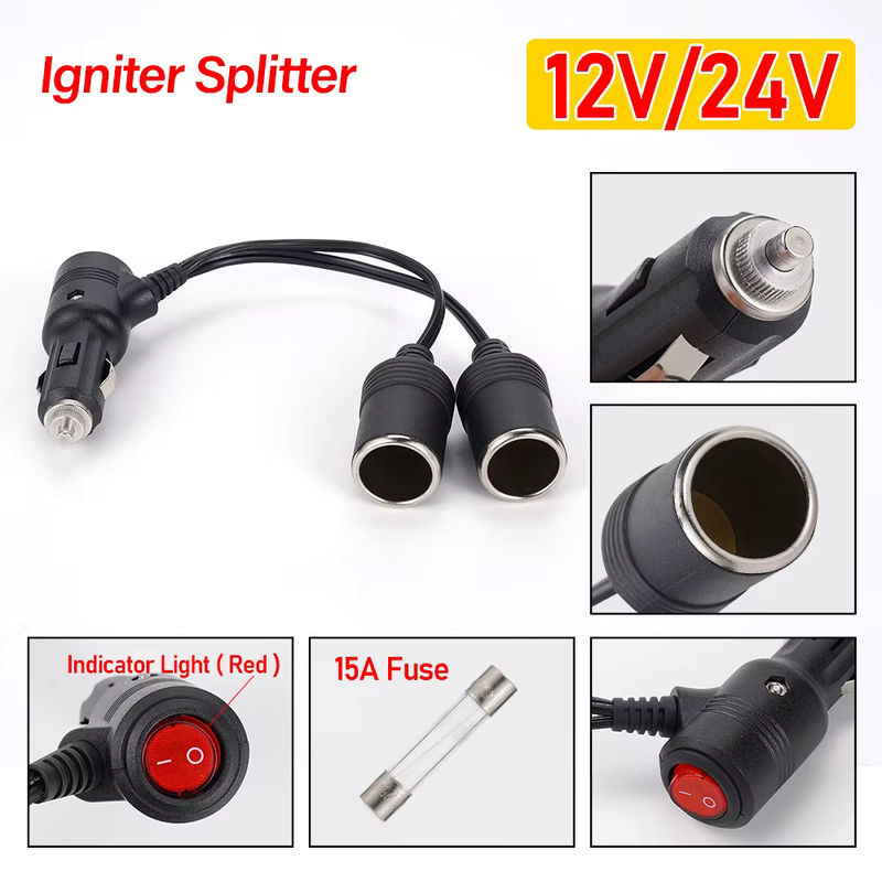 HulitTop Auto-Zigarettenanzünder Y-Splitter Adapter mit Ein- und Ausschalter, 1 Stecker auf 2 Buchsen, 15A, 12V/24V, Schwarz - Bild 2