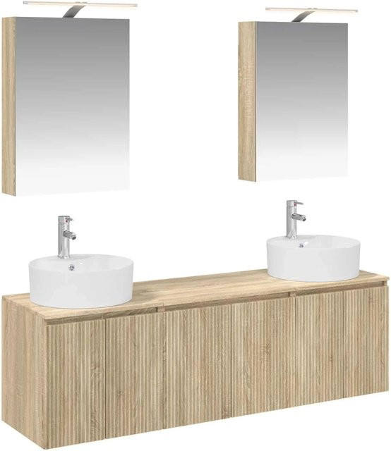 vidaXL Badezimmerschrank-Set 5-teilig in Sonoma-Eiche, modern gestaltetes Set aus Waschtischunterschrank, Wandunterschrank und Spiegelschrank mit LED-Beleuchtung, Farbe: Braun - Bild 1