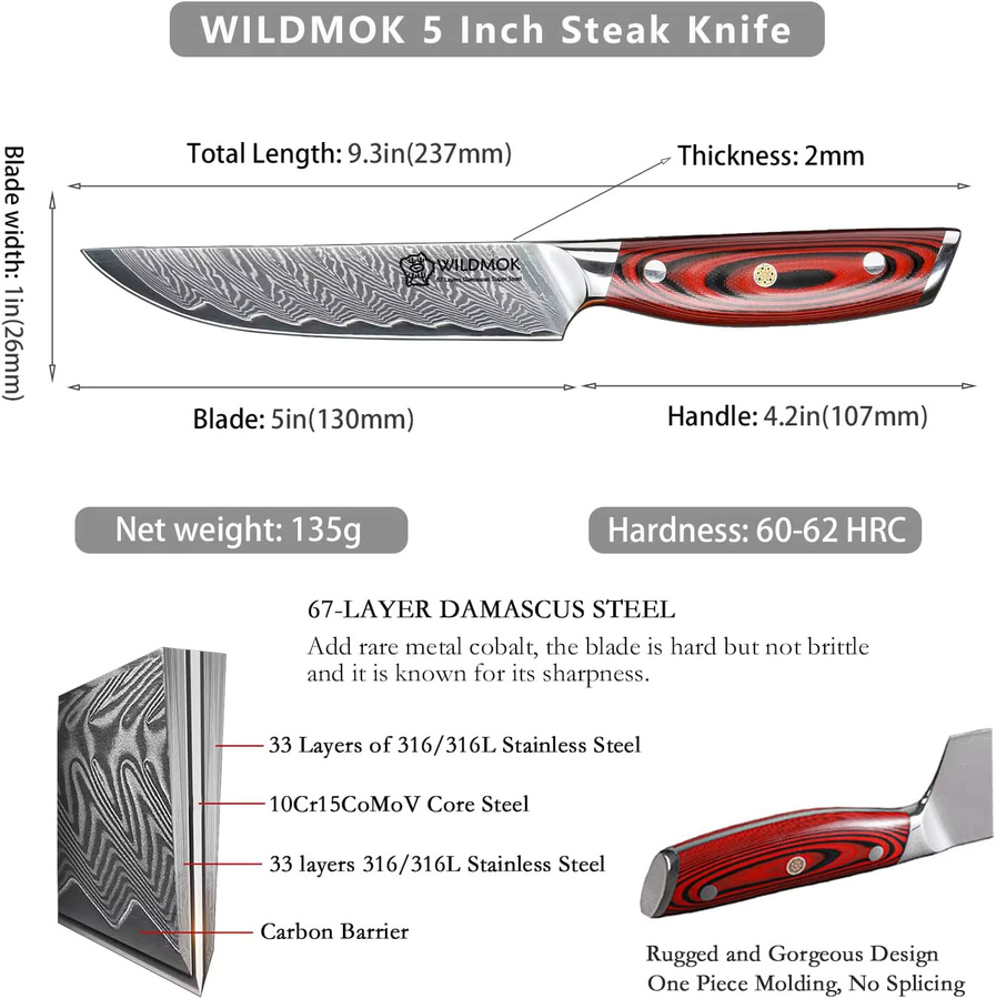 WILDMOK 4-teiliges Damaskus-Steakmesser-Set aus japanischem Super VG10-Stahl mit G10-Griff - Bild 3