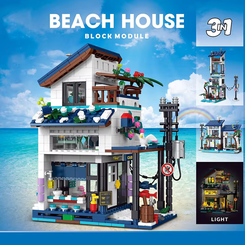 Neue Stadt 3 in 1 Strand Haus Gebäude Modell Set mit 813 Teilen, Mehrfarbiges MOC Bauklötze Set für Kinder und Erwachsene - Bild 2