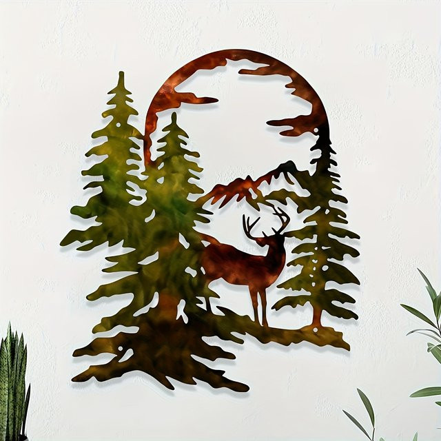 DDPNKL Rustikale Metall-Wandkunst mit Hirschenmotiv, Kiefern und Halbmond in Multicolor für Innen- und Außenbereiche - Bild 1