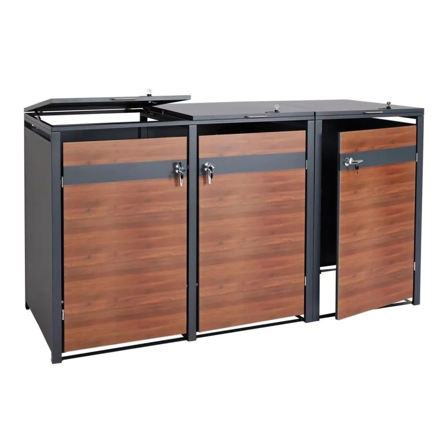 MCW 3er Mülltonnenverkleidung J82 Mülltonnenbox aus Metall in Anthrazit mit Kirsche-Holzoptik Dunkelbraun, H x B x T: 80 x 117 x 200 cm - Bild 2