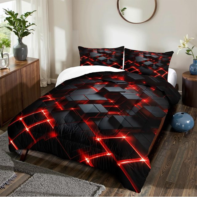 Lodestar Bettwäsche-Set mit geometrischem 3D-Neon-Design in Rot und Schwarz, weiche Mikrofaser, B/H: 140 x 210 cm - Bild 1