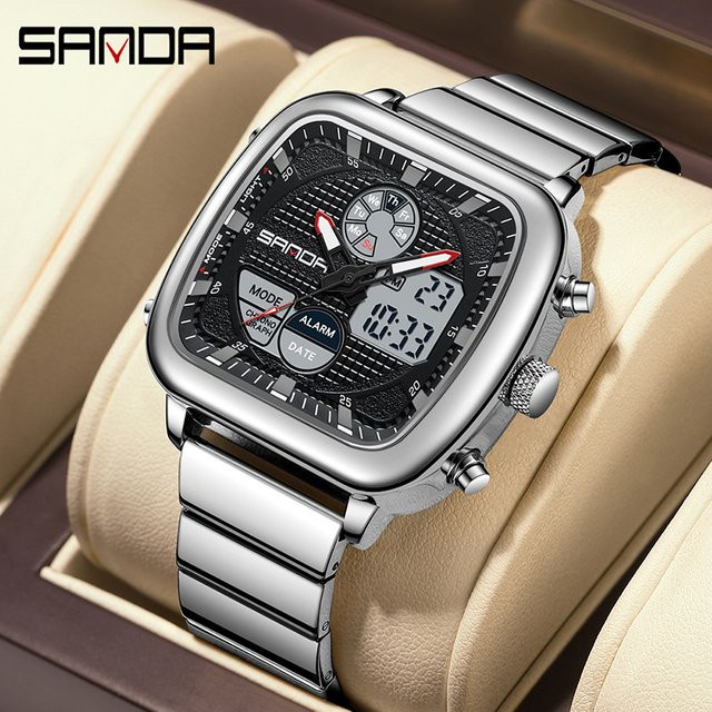 SANDA Armbanduhr Herren, Quarz, Edelstahl, Schwarz, Analog-Digital - Bild 1