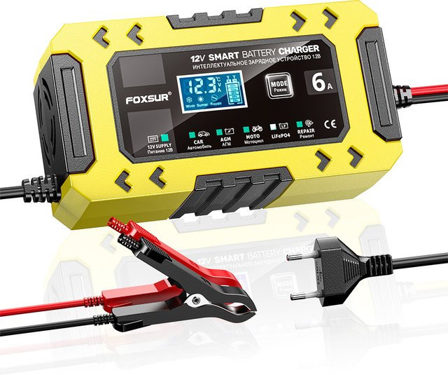 FOXSUR Vollautomatisches Autobatterieladegerät 12 V 6 A mit Digitalanzeige und 10-stufiger Power Puls Reparaturfunktion in Rot-Gelb - Bild 1