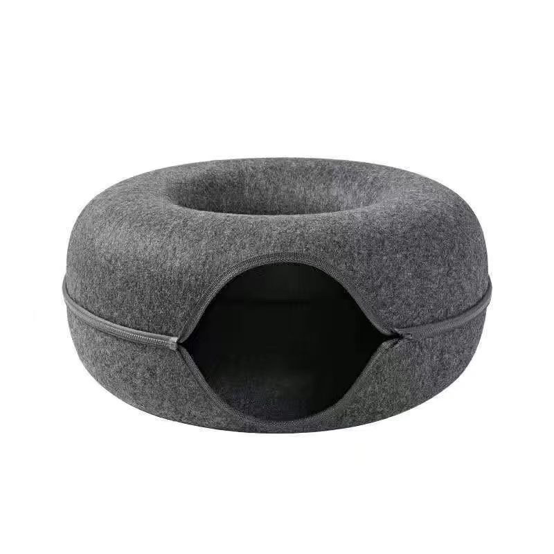 Yiran Furniture Filz-Katzenbett Donut-Haustiertunnel als interaktives Spielzeug und Nest in Hellgrau, Durchmesser: 50 cm, Höhe: 20 cm - Bild 5