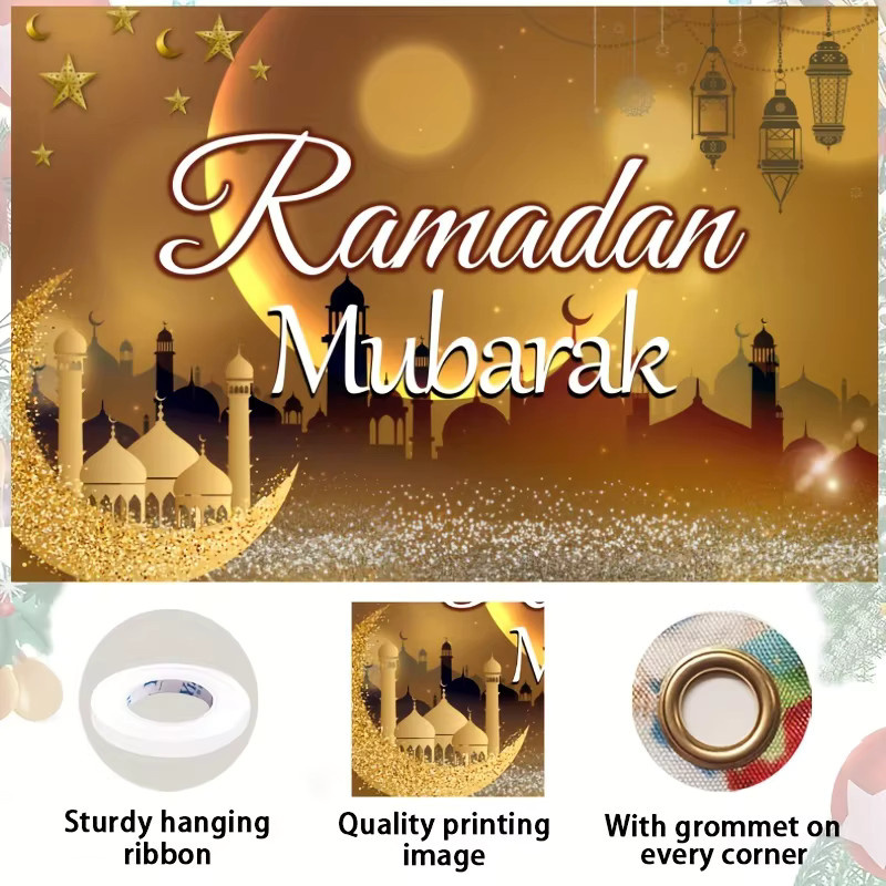 VIKAMA Ramadan Banner Gold mit Laternen-Motiv aus Textil für deine islamische Festtagsdekoration - Bild 3